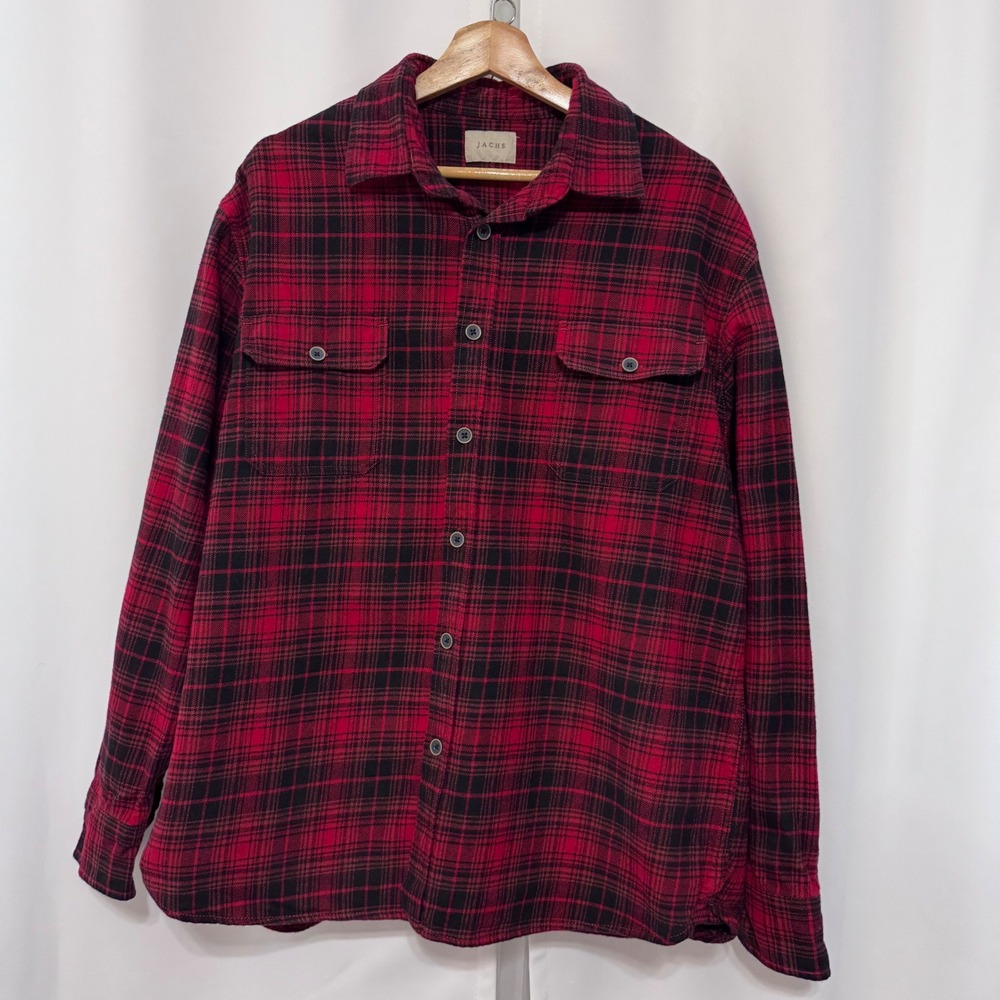 Jachs NY Mens XL Red Black Plaid Flannel Button Down Shirt 100% Cotton